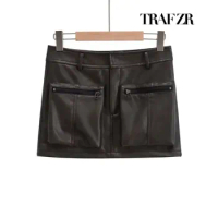 TRAF ZR Women's Leather Skirt Big Pocket Mini Short Wrap Fashion Harajuku Coquette Sexy Y2k Streetwear Exposure Skirts for Women