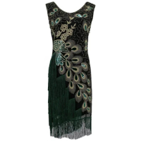 Women 1920s Flapper Dress Vintage V-Neck Sleeveless Peacock Embroidery Great Gatsby Dress Sequin Fringe Party Dress