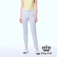 【KING GOLF】實體同步款-女款立體刺繡皇冠鋁片滿版星星印圖舒適素面修身休閒長褲/高爾夫球褲(白色)