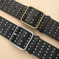 Street fashion hollowed out square buckle PU leather splicing feature waist belt versatile nail bead