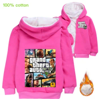 Winter Grand Theft Auto Game GTA 5 Hoodies Kids Jacket with Zipper Wool Liner Boys Coat Thicken Hooded Fur Baby Girl Outwear