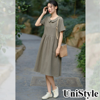 【UniStyle】娃娃領短袖洋裝 原創款收腰A字文藝風連身裙 女 FA6271(老茶綠)
