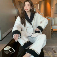Korea Style Women Pajama Set Winter Thick Long Sleeve Warm Ladies Sleepwear 2 Pcs with Pant Double Breasted Pijama for Female