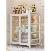 多功能收納櫥櫃(規格：靚麗白-三層防塵碗櫃+（掛鉤*4個））