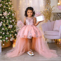 Princess Fluffy Tulle Puffy Flower Girl Dresses Long Length Wedding Party Glitter Sequins First Communion Gowns Prom Ball Wear