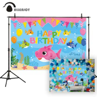 Allenjoy Cartoon Shark Happy Birthday Backdrop Bunting Sea Balloon Crab Starfish Seaweed Newborn Baby Shower Custom Poster