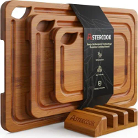 Deep-Carbonized Bamboo Cutting Boards for Kitchen with Wood Storage Stand, Reversible Charcuterie & 