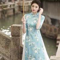 Autumn Vintage Mandarin Collar Vietnam Aodai Qipao Chinese Women Floral Printed Satin Cheongsam Elegant Daily Dress