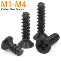 50- 500pcs M1 M1.2 M2 M2.3 M2.6 M3 M4 Black Carbon Steel Mini Screw Cross Recessed Countersunk Head Self-tapping Flat Tail Screw