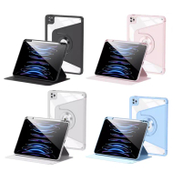 【OMG】iPad Air6/Air7 11吋 720°旋轉三角支架 磁吸分離平板保護套 氣囊防摔帶筆槽保護殼(平板皮套)