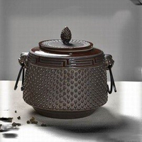【陶瓷茶葉罐-鐵釉-大號-1450/1100ml-1套/組】鐵釉茶葉盒 復古陶瓷密封普洱茶葉罐桶-7501015