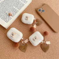 Cute Bear Cover for Apple Airpods 1 2 3 Case with Cute Pom Pom Keychain for AirPods Pro Case Solid Color Bluetooth Earphone Case