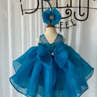 Fluffy Flower Girl Dress Tutu Cloth Blue Organza With Big Bow Puffy Birthday Party Girls Prom Wedding Gown