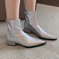 Women Winter Low Heels Chelsea Boots Fad Ankle Shoes New Trend 2023 Pointed Toe Motorcycle Boots Casual Goth Brand Women Shoes