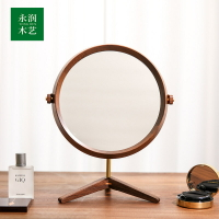 黑胡桃木鏡桌面家用梳妝鏡輕奢臺式實木鏡子桌面梳妝臺圓形化妝鏡