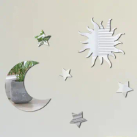 6pcs Star Moon Combination Mirror Wall Sticker Self-adhesive Wallpaper Home Bedroom Living Room Art Mural Decor