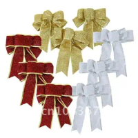 Large Red Gold Christmas Bow Ribbon Polyester Christmas Tree Tie Bow Ornament Decorations for Home Xmas Gift Wrapper 1Pack