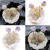 Natural Agate Geode Flower Branch Inlaid With Amethyst Yellow Crystal Tourmaline Small Raw Stone Ornament Soft Decoration Crafts