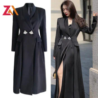 ZALady high quality elegant office notched long blazer coat for women zevity traf vintage basic autumn winter outwear trench
