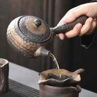陶福氣 柴燒復古風粗陶側把壺 家用禪意日式粗陶茶壺泡茶器側把壺
