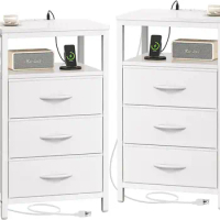 Nightstands Set of 2, 27.6 Inch End Tables with Charging Station, Side Tables with Fabric Drawers, Bedside Tables with USB Port