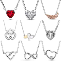 Sparkling Heart Halo &amp; Floating Stone Curved Feather Infinity Collier Necklace For Fashion 925 Sterling Silver Charm Diy Jewelry