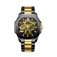 【KLEIN 荷蘭克萊恩】強悍系列黑金配色不銹鋼簍空自動機械錶-附天然火山石手環