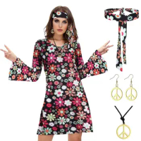70s Women'S Hippie Costume Outfit Printed Dress With Headband Earrings Necklace Disco Outfit For Halloween Parties Dance Costume