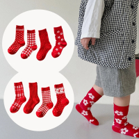 【橘魔法】（4雙一組）好運大紅精梳棉中筒襪 (過年 新年 大紅 襪子 兒童 女童 男童 過年服)