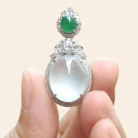 18k Gold Pendant Setting with 1 green cabochon and small diamonds with 1 CZ, Old Mine Natural Type A