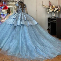 Sky Blue Quinceanera Dress 2024 Long Sleeves Princess Prom Ball Gown Sweet 16 XV Years Old Miss Birthday Pageant Mexican Dress