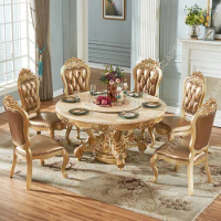 European marble table all solid wood dining table Home hotel luxury Champagne gold round dining table set