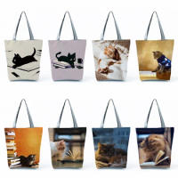 Cute Cat Book Print Handbags Daily Groceries Women Shopping Bags Animal Graphic Large Capacity Shoulder Bags Teacher Office Tote