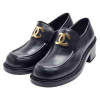 【CHANEL 香奈兒】經典大雙C LOGO小牛皮厚底樂福鞋(黑色G39602-BLK)