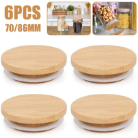 6Pcs Bamboo Mason Jar Lids with Straw Hole 70mm/86mm Wide Mouth Lid Bamboo Jar Lids with Silicone Sealing Rings for Can Glass