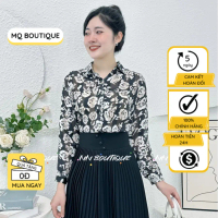 Áo lụa tằm dài tay sơ mi nữ họa tiết hoa trắng vàng nền đen thiết kế sang trọng cao cấp, áo sơmi thi
