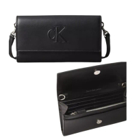 【Calvin Klein】立體LOGO 掀蓋WOC 兩用 長夾/斜背包-帥氣黑(ck 黑色 女包 女生包 女生包包)