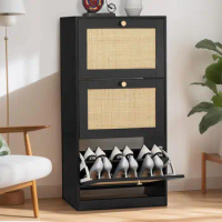 3 Tier Shoe Cabinet with Natural Rattan Flip Drawers for Entryway, Free Standing Slim Shoe Storage Organizer Large Top Board
