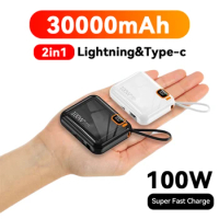 100W 30000mah Mini Power Bank Fast Charger Detachable USB to TYPE C Cable Two-way Portable Powerbank for iPhone Xiaomi Samsung