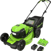 Greenworks 48V (2 x 24V) 21" Brushless Cordless (Self-Propelled) Lawn Mower (LED Headlight), (2) 5.0Ah Batteries and Dual Port R