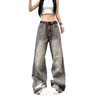 「COD」Baggy Jeans Retro Ink Splash Dirty Dye Washed Gray Wide-Leg Jeans Unisex Slimming Loose Scimita