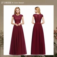 Charming Burgundy Lace Chiffon Long Evening Dress Elegant Short Sleeve Evening Party Dresses Formal Evening Gowns