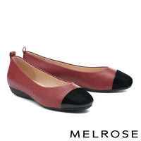 【MELROSE】氣質簡約純色拼接全真皮低跟鞋(紅)