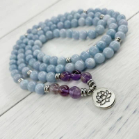 Trendy 108 Beads Mala Bracelet For Women Girls Blue Stone &amp; Purple Ghost Crystal Beads Wrap Bracelet
