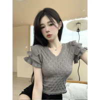 Len ngắn Tay , Thiết Kế Xếp Ly Cổ Chữ V,  Thun Dệt Kim,  khoét Lớp Nền Ngắn, Dành Cho Nữ muji áo bab