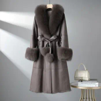 2023 New Rabbit Fur One Piece Coat for Women Mid length Fox Fur Collar Lace up Slim Fit Haining Fur Coat for Women