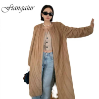 Ftangaiur Winter Coat For Women Import Velvet Mink Fur Coat Women's Long Sleeve O-Neck Pure Color Real Mink Fur X-Long Coats