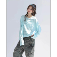 Mint Mambo Green Thin See-Through Long-Sleeve T-Shirt for Women, Loose and Casual, Versatile and Sun