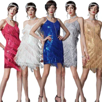 Vintage Gatsby Strap Dress 1920s Flapper Plus Size Dress Beaded Tassel V-neck Sequin Dress Cocktail Party Charleston Dance