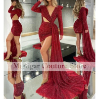 2021 Charming Red Mermaid Prom Dresses V-neck Longsleeves Sequined Evening Dress Robe De bal De forme sirène